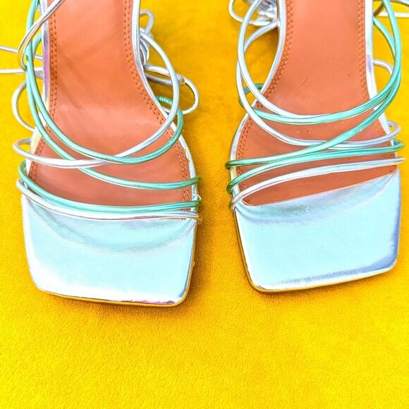 ASOS Nina Silver Mint Strappy Tie Leg Square Toe Sandal Heels Sz 8 - Picture 8 of 13
